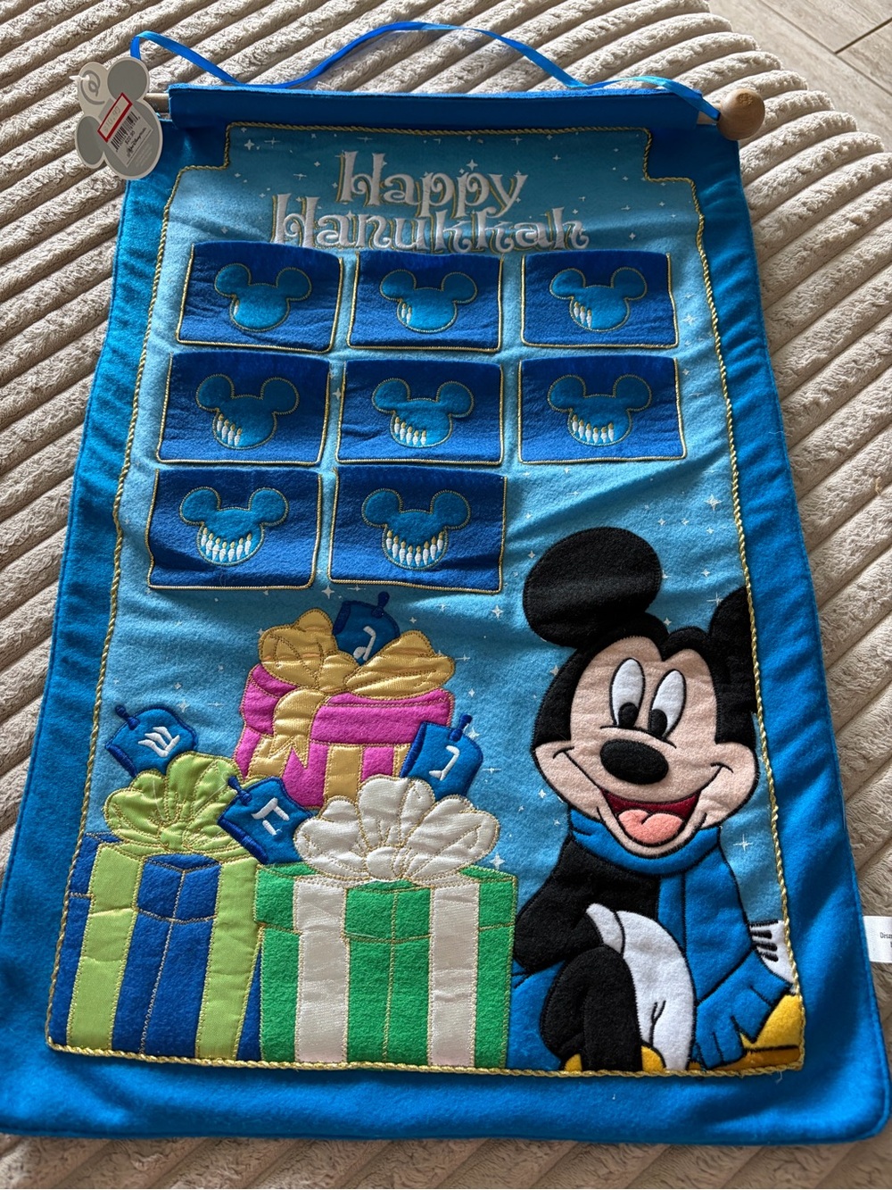 Vtg Disney Happy Hanukkah Mickey Blue Wall Hanging Dreidel - rare